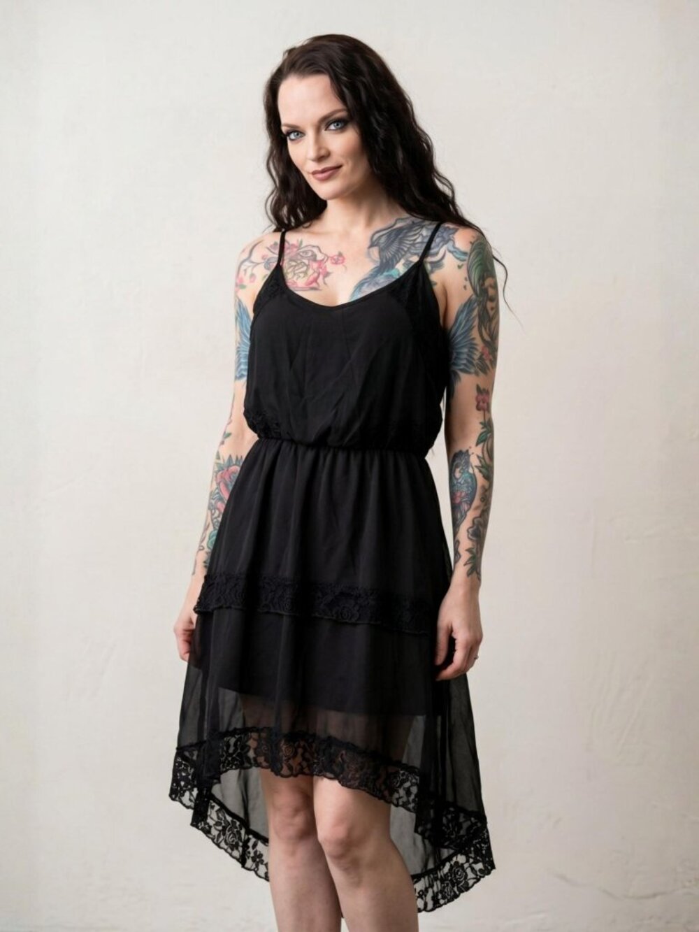 Lily Rose ✦ Black High‑Low Lace Trim Dress ✦ Sleeveless Ruffle Tiered Adjustable